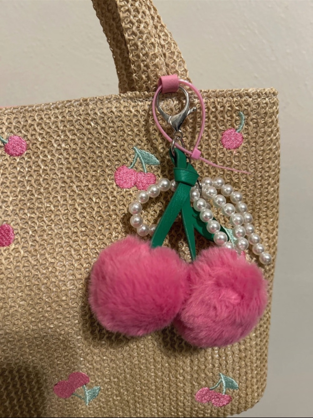 NWT Straw Tote Bag with Pink Cherry Embroidery and removable bag charm - Picture 2 of 7
